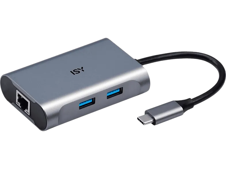 Adaptador USB-C a 2x USB-A 3.0, 1x RJ45 Gigabit LAN - ISY IAD-1018, Plata