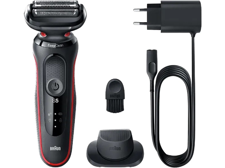 Afeitadora - Braun Series 5 51-R1200s, 3 Cuchillas, EasyClick, EasyClean,SensoFlex, Wet & Dry, Accesorio para corte de pelo, Rojo