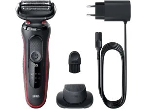 Afeitadora - Braun Series 5 51-R1200s, 3 Cuchillas, EasyClick, EasyClean,SensoFlex, Wet & Dry, Accesorio para corte de pelo, Rojo