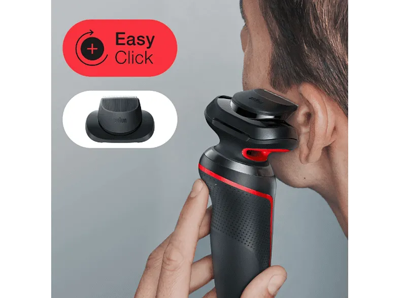 Afeitadora - Braun Series 5 51-R1200s, 3 Cuchillas, EasyClick, EasyClean,SensoFlex, Wet & Dry, Accesorio para corte de pelo, Rojo
