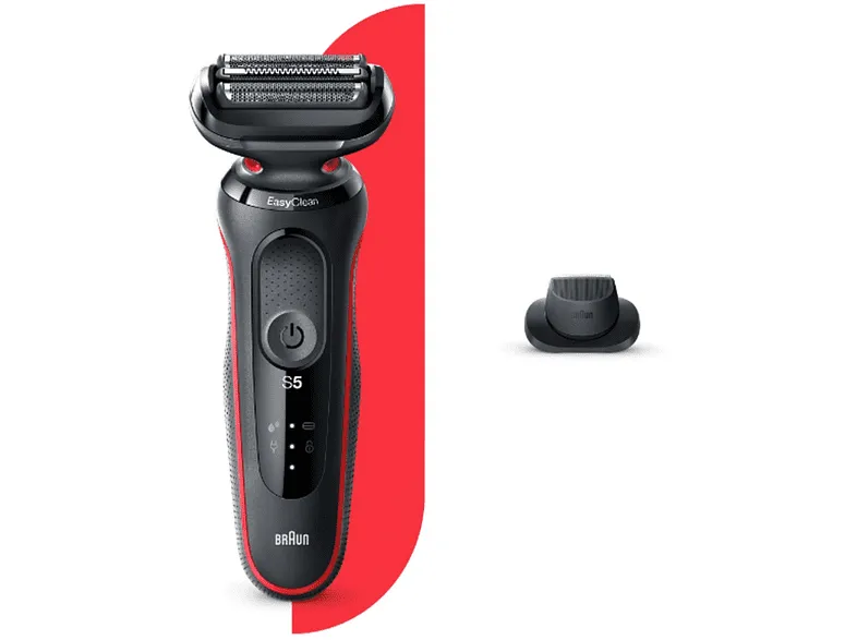 Afeitadora - Braun Series 5 51-R1200s, 3 Cuchillas, EasyClick, EasyClean,SensoFlex, Wet & Dry, Accesorio para corte de pelo, Rojo