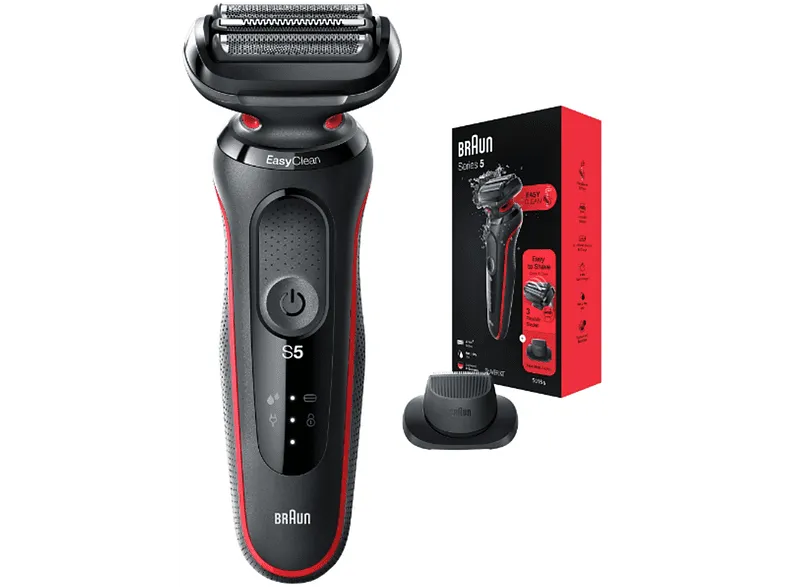 Afeitadora - Braun Series 5 51-R1200s, 3 Cuchillas, EasyClick, EasyClean,SensoFlex, Wet & Dry, Accesorio para corte de pelo, Rojo