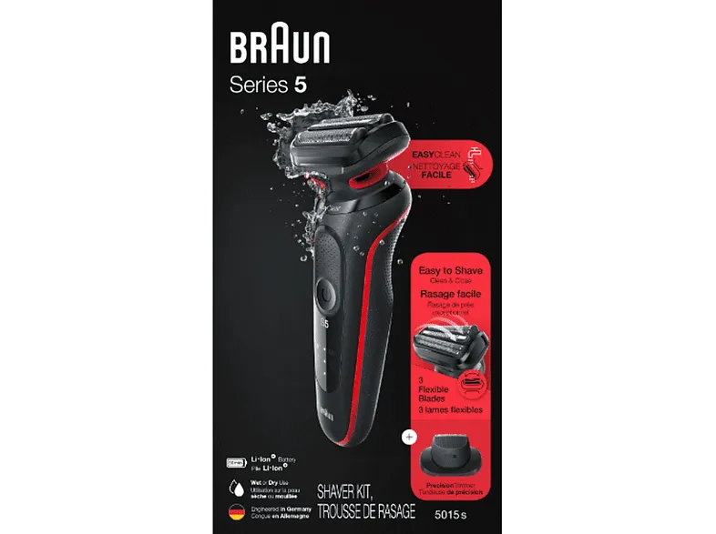 Afeitadora - Braun Series 5 51-R1200s, 3 Cuchillas, EasyClick, EasyClean,SensoFlex, Wet & Dry, Accesorio para corte de pelo, Rojo