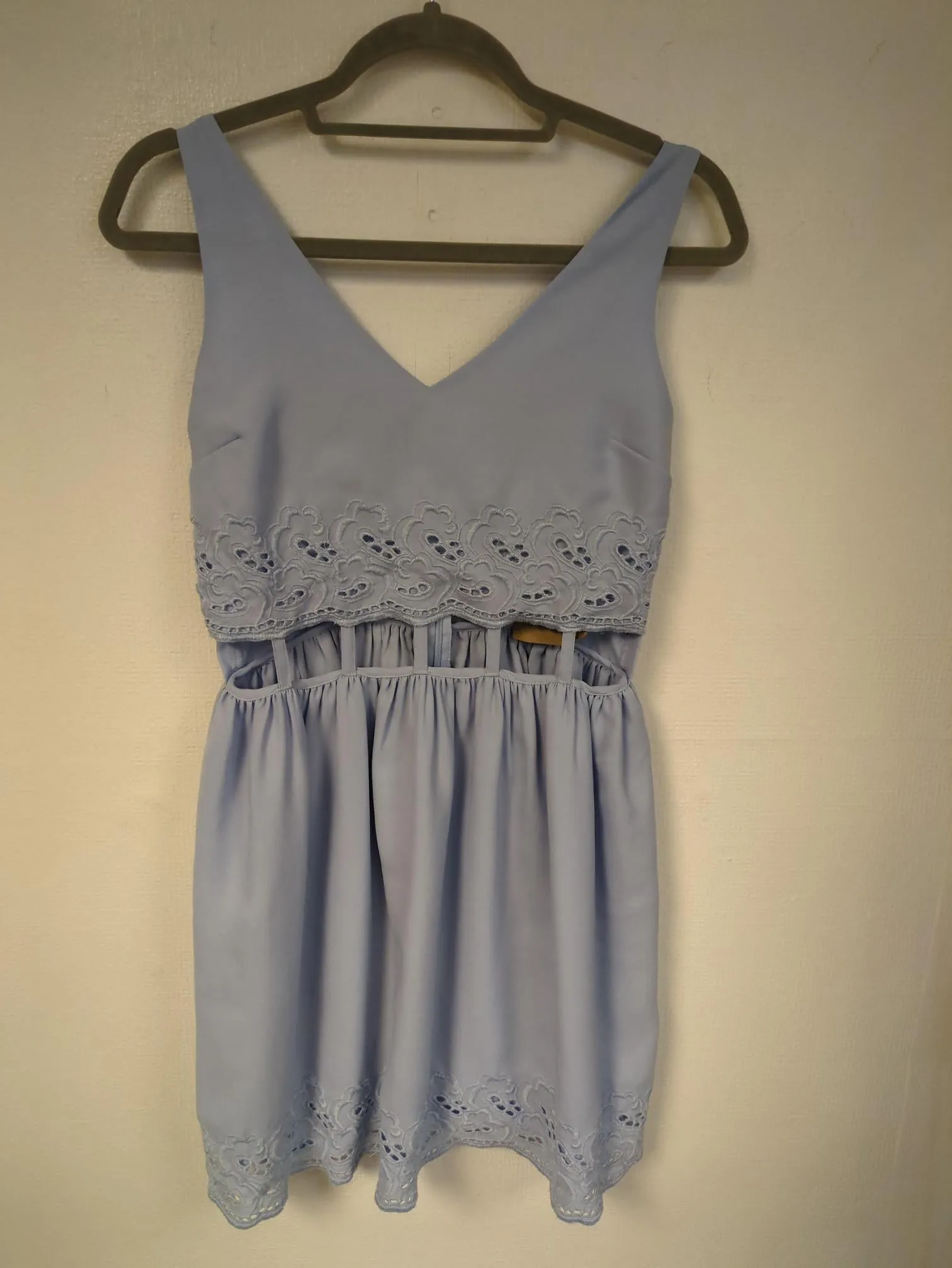 Baby blue cut out waist broderie anglaise detail strappy mini skater dress, Miss Selfridge, Size 10 (Polyester)