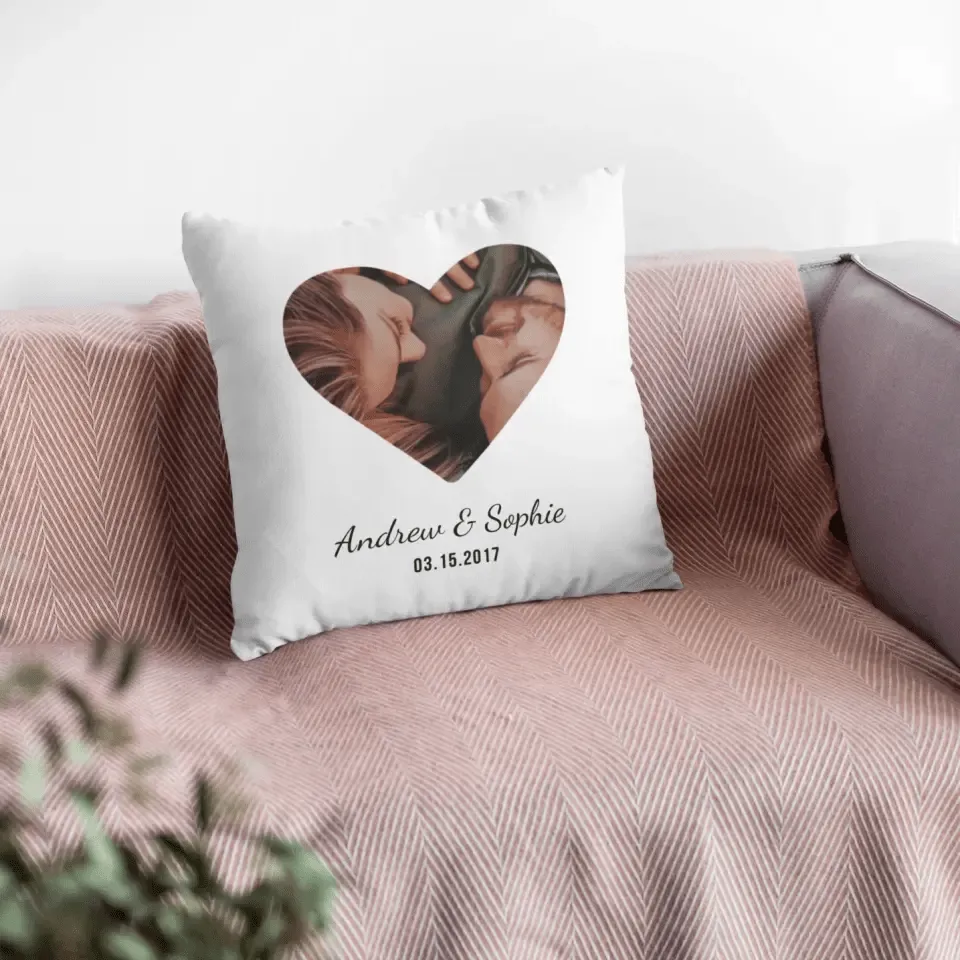 Custom Photo Heart Pillow with Couple Names   Date