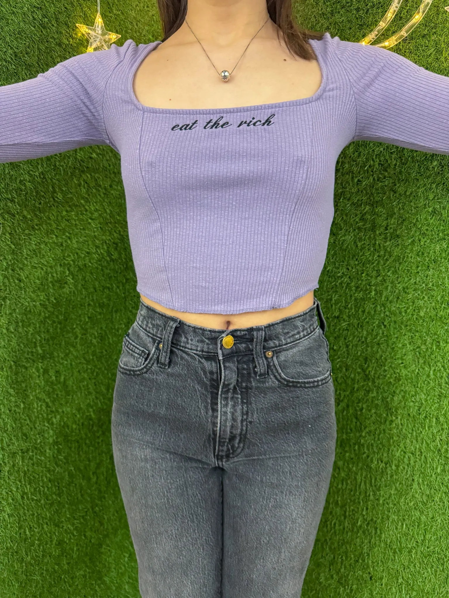 Eat The Rich Scoop Neck Cropped Long Sleeve XS