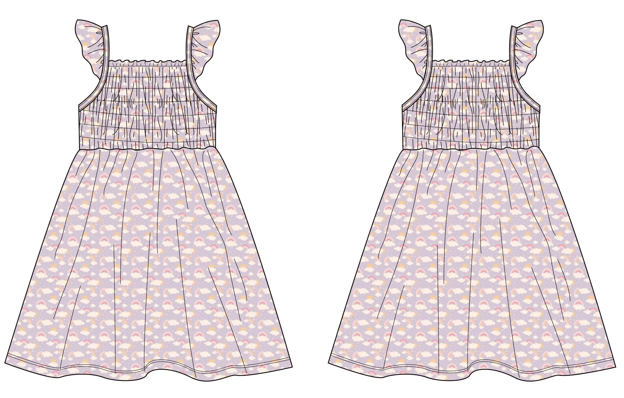 Lavender Rainbows and Clouds Smocked Vintage Dress