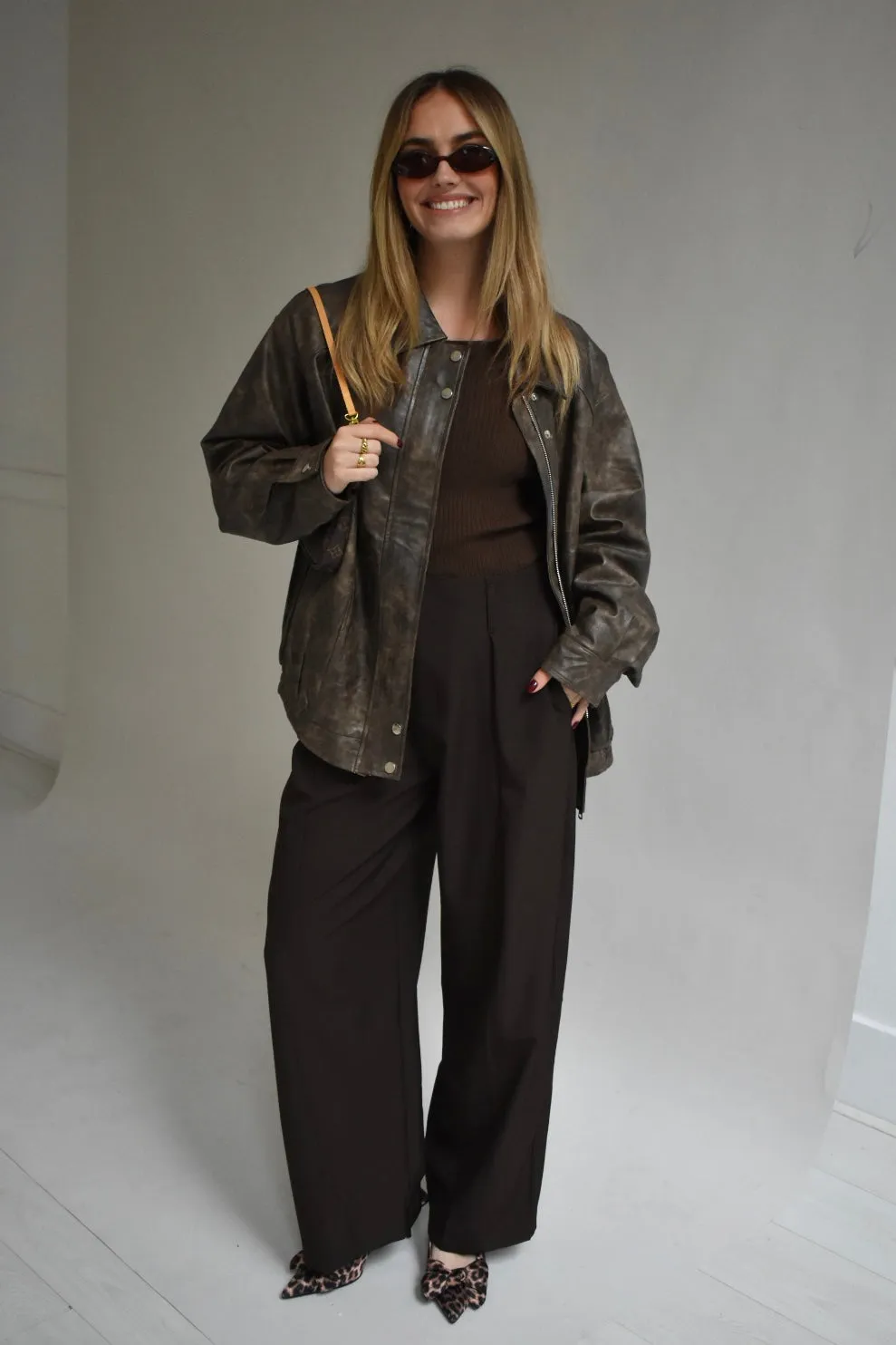 Leren look bomber - Grijs/bruin
